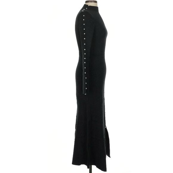 Sandro Lizza Black Ribbed Sweater Knit Pearl Trim Monk Neck Midi Dress 1 S - Picture 4 of 12